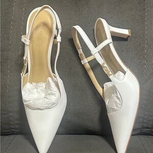 Michael Kors White Pointed Slingback Heels with Gold Accent